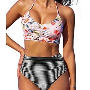 CUPSHE Women’s Bikini Swimsuit Floral Print Halter Lace Up Two Piece size S NWT